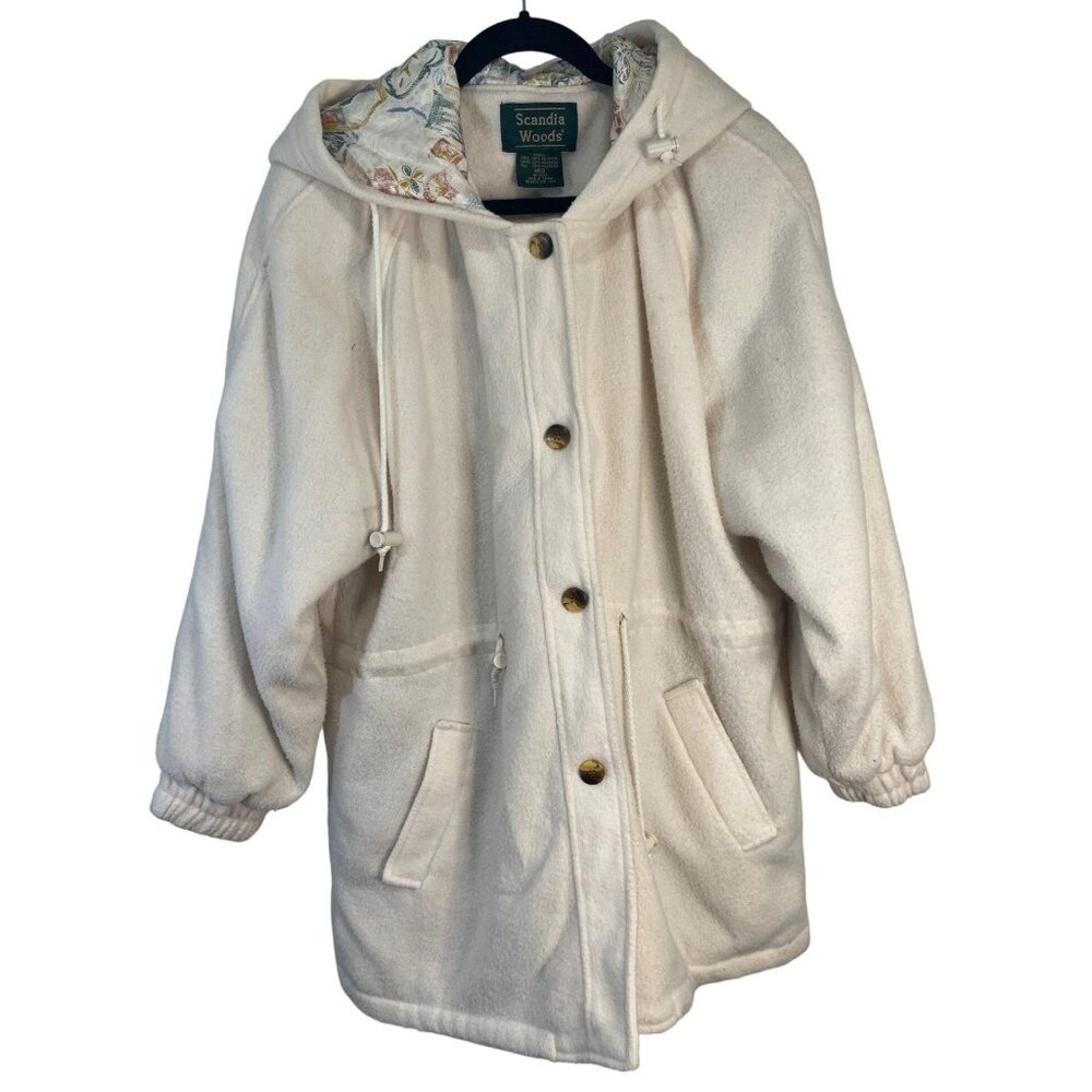 Scandia Woods white hooded jacket button close drawstring waist Medium READ